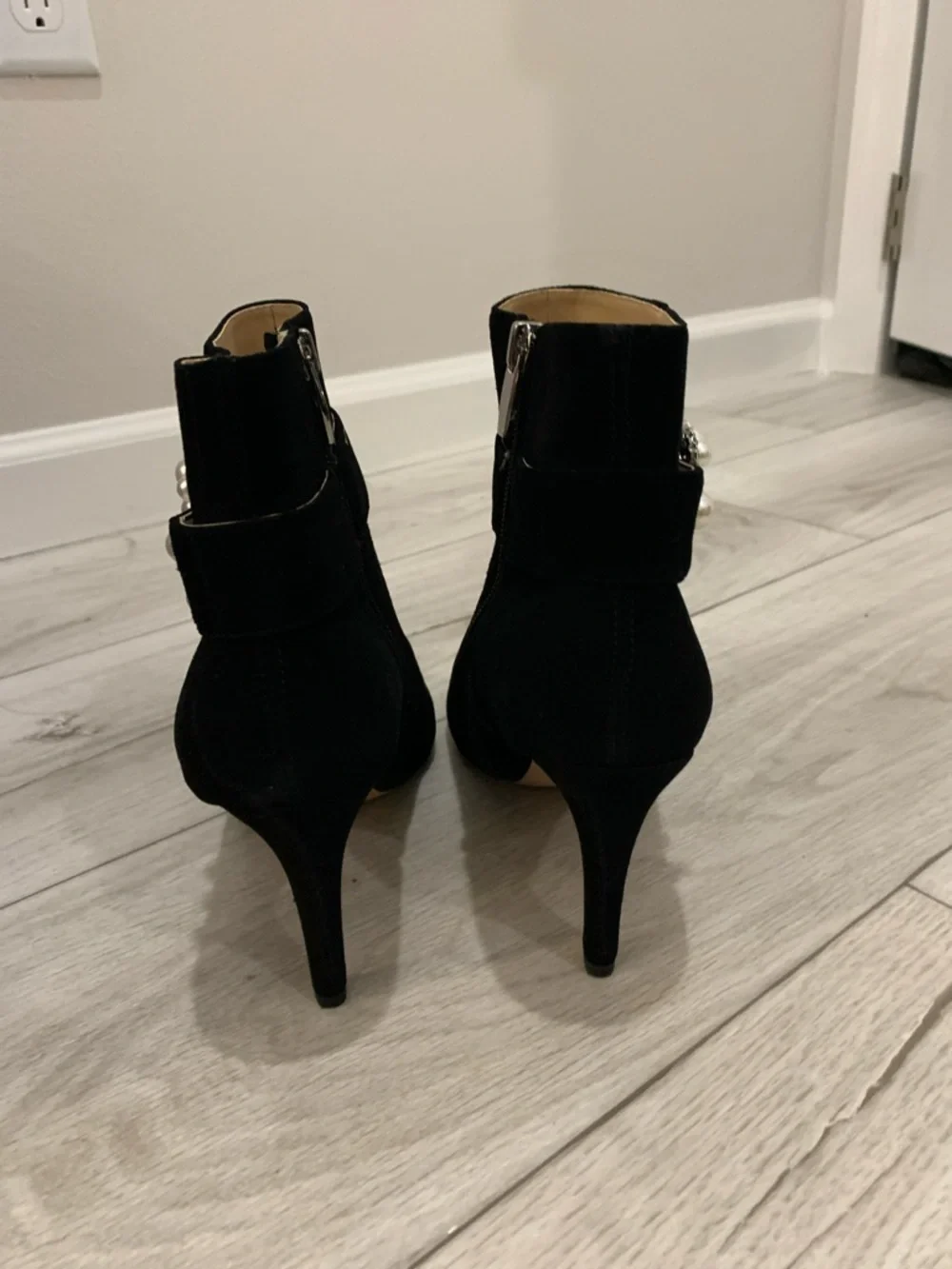 Neiman Marcus Black Pearl-Buckle Peep-Toe Ankle Boots
